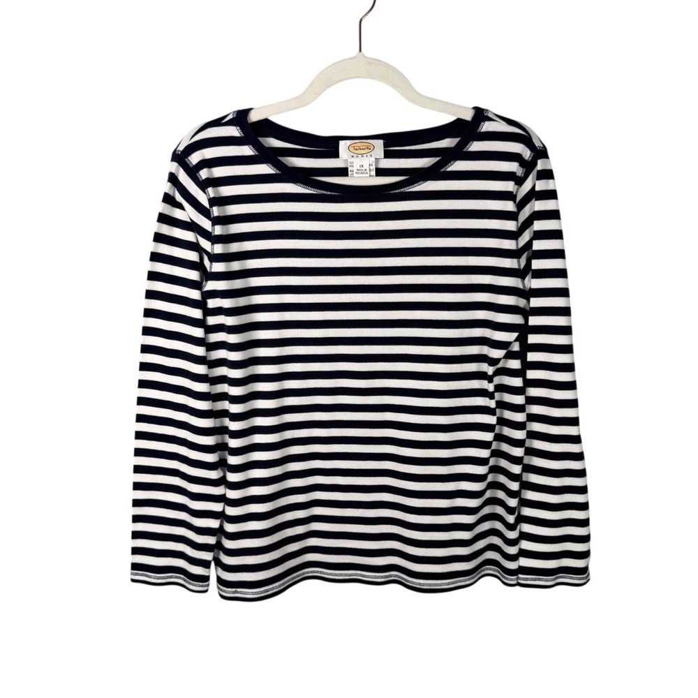 Vtg Talbots 1X Navy Blue Striped 3/4 Sleeve Cotton Tee Shirt Preppy Nautical